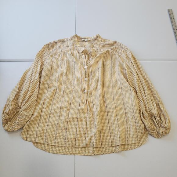 Cottagecore Shirt Womens XL Yellow White Gingham Embroidered Peasant Boho Top - Picture 1 of 9